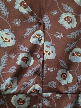 J. Crew Black V-Neck Blouse with Blue Floral Print